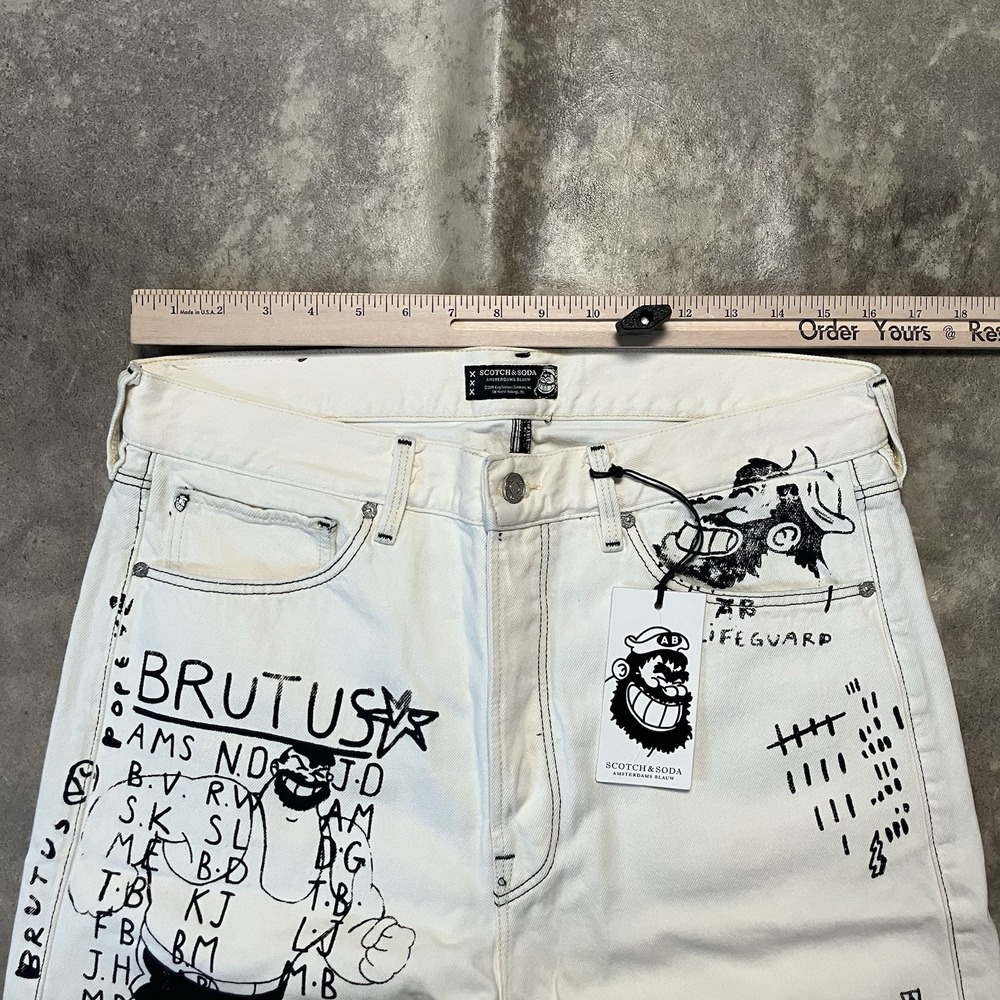 Scotch Soda Jeans Mens Size 33 White Hi Brutus Bye Popeye Denim Button Fly - Picture 2 of 16